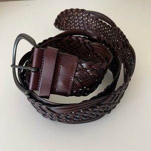 Rich Brown Leather Woven Belt with Metal Buckle